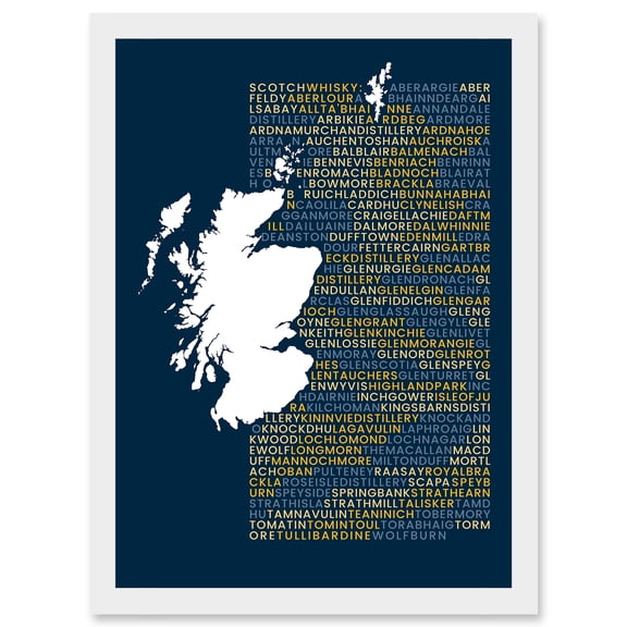 Scotch Whisky Distilleries Typography Map Artwork Framed Wall Art Print A4