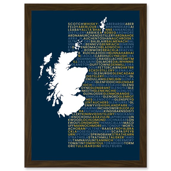 Scotch Whisky Distilleries Typography Map Artwork Framed Wall Art Print A4