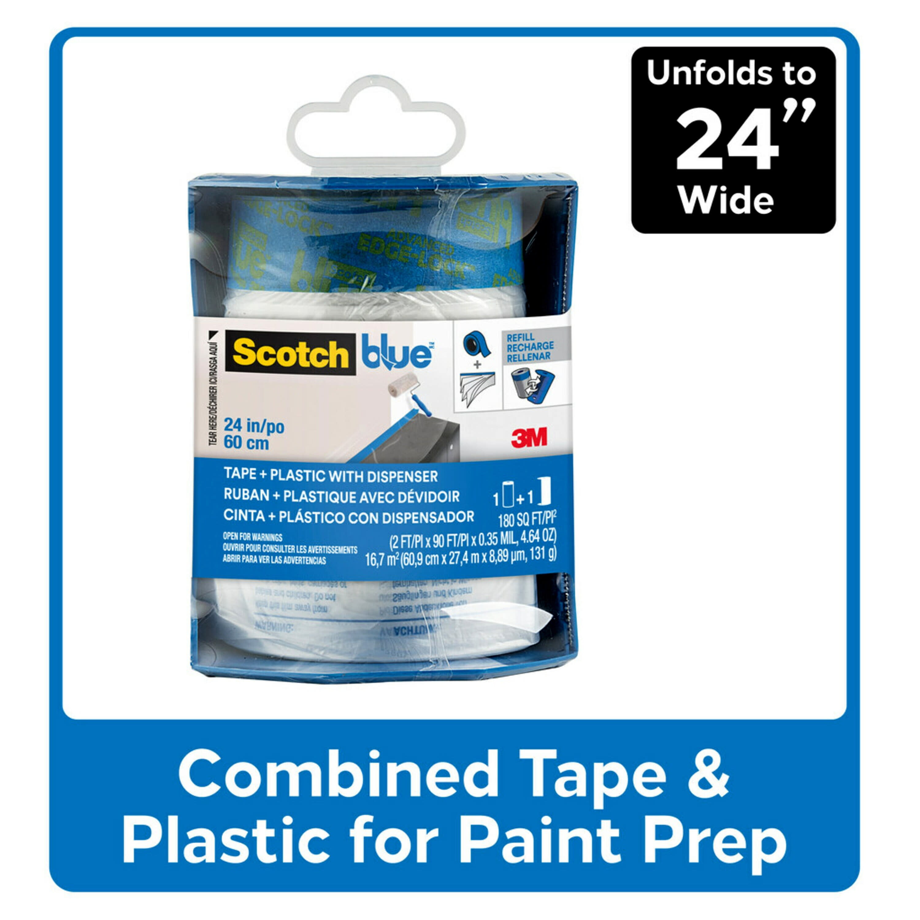 ScotchBlue Blue Pre-Taped Clear Painters Plastic with Dispenser, 24 in x 30  yds, 1 Roll 