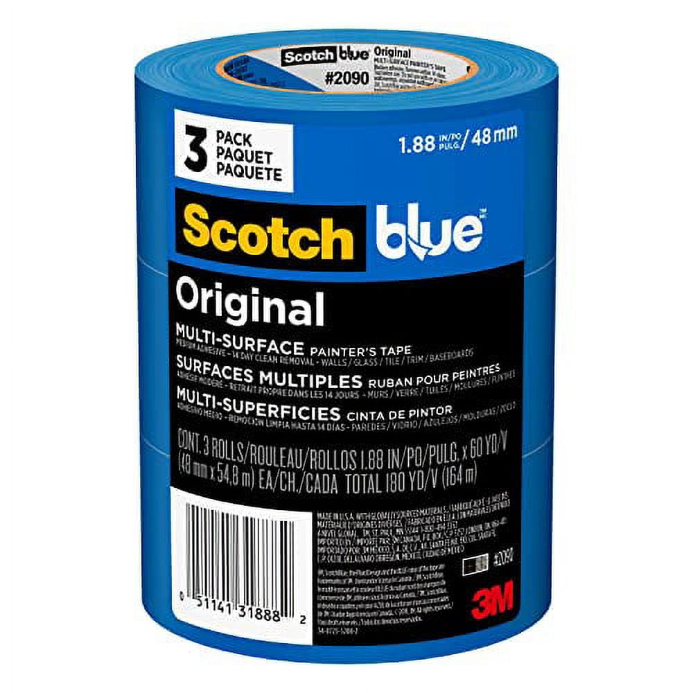 ScotchBlue Original Multi-Surface Painters Tape, 2 Inch Wide (1.88 In. x 60 Yds), 3 Rolls, Blue Paint Tape Protects Surfaces and Removes Easily, Masking Tape for Indoor and Outdoor Use (2090-48EP3)