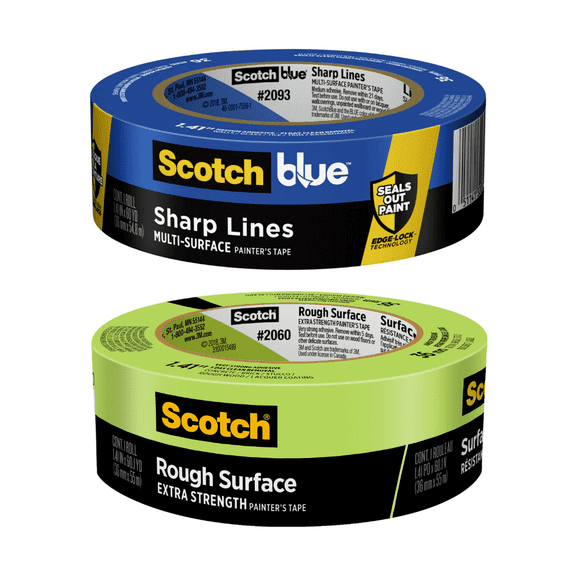 ScotchBlue Painters Tape, 2 Rolls Bundle, Includes 1 Roll of Sharp Lines 1.41 in x 60 yd, and 1 Roll of Rough Surface 1.41 in x 60 yd