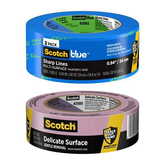 ScotchBlue Painters Tape, 3 Rolls Bundle, Includes 2 Rolls of Sharp Lines 0.94 in x 60 yd, and 1 Roll of Delicate Surface 1.41 in x 60 yd