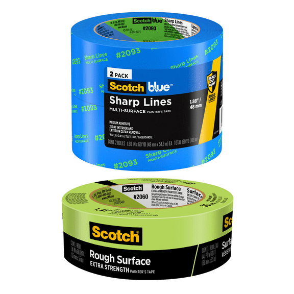 ScotchBlue Painters Tape, 3 Rolls Bundle, Includes 2 Rolls of Sharp Lines 1.88 in x 60 yd, and 1 Roll of Rough Surface 1.41 in x 60 yd