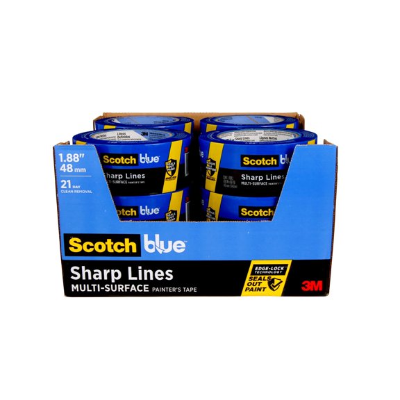 ScotchBlue Sharp Lines Multi-Surface Painter's Tape, 1.88 Inches x 60 Yards, 12 Rolls, Blue, Paint Tape Protects Surfaces and Removes Easily, Edge-Lock Painting Tape for Indoor and Outdoor Use