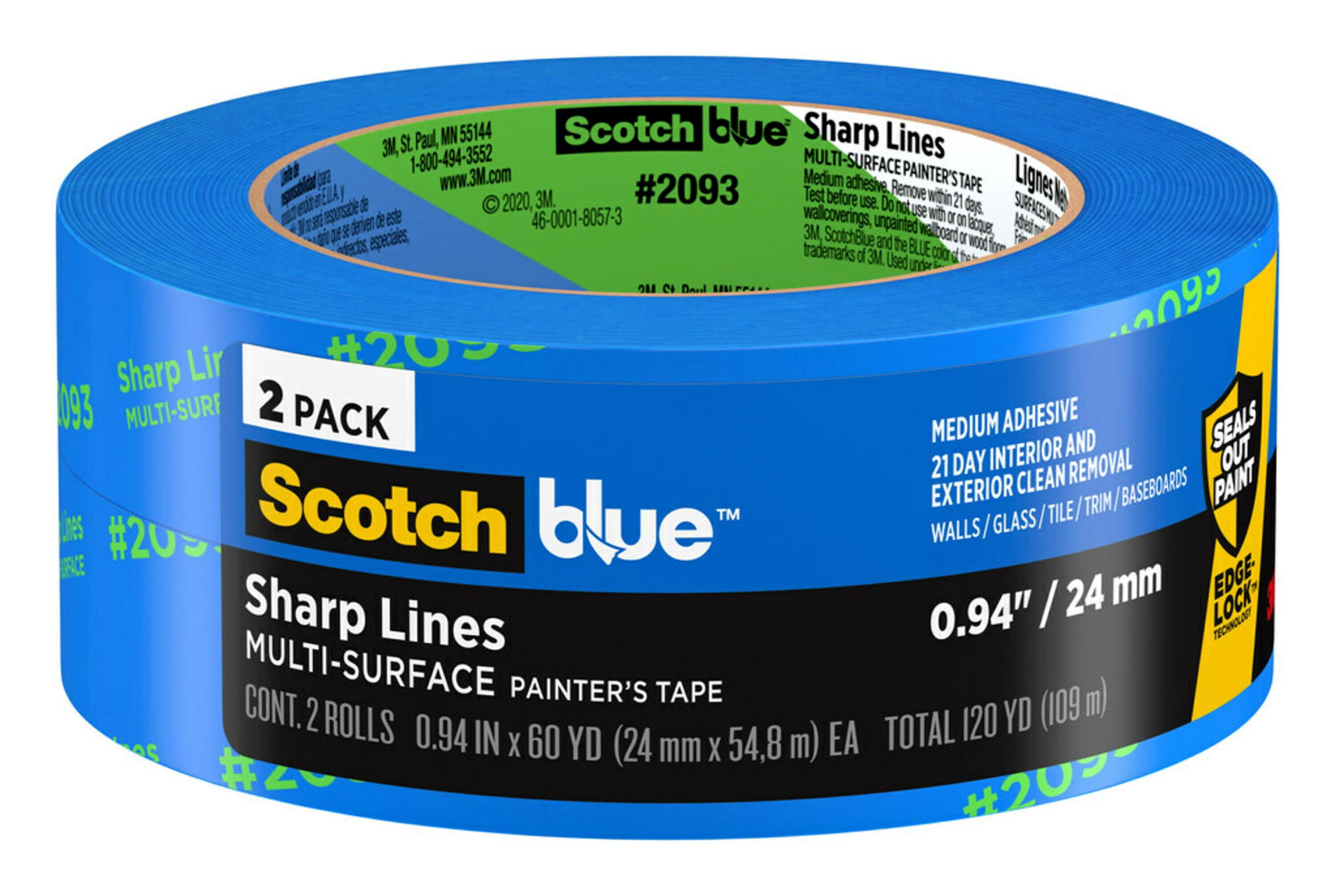 ScotchBlue Sharp Lines Painter's Tape, Blue, 0.94 in x 60 yd, Rolls 