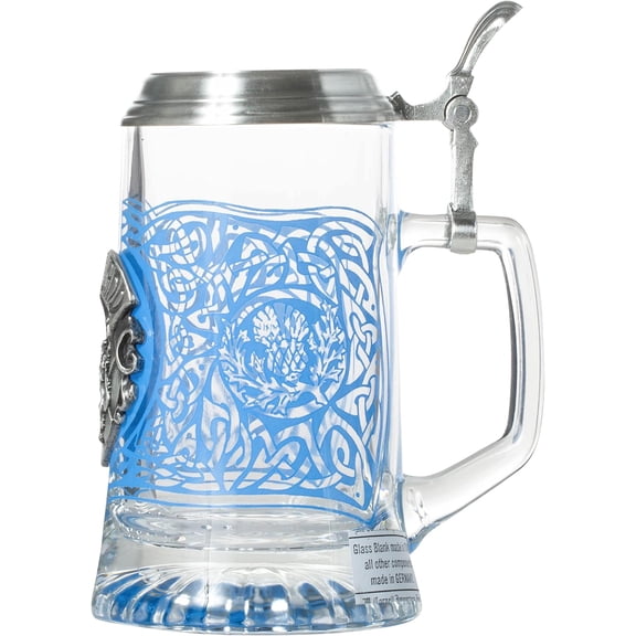 Scotland Banner St. Andrew  & Rampant Lion Metal  Glass Beer Stein with Metal Lid and Thumb Lift