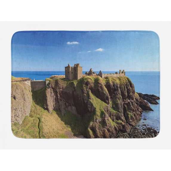 Scotland Bath Mat, Dunnottar Castle with Blue Sky in Stonehaven Architecture European, Plush Bathroom Decor Mat with Non Slip Backing, 29.5" X 17.5", Multicolor, by Ambesonne