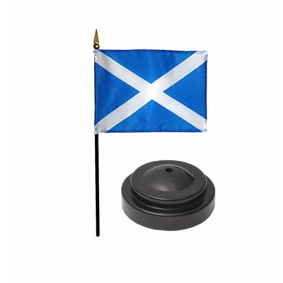 Scotland Cross Desk Flag with Base; American Made Rayon 4x6 inch Miniature Table Set Includes One Small Mini Country Stick Flags and One Black Stand (Scotland Cross Desk Flag and Base)