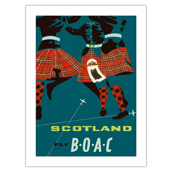Scotland - Highland Dancers - Royal Stewart Tartan Kilts - BOAC - Vintage Airline Travel Poster c.1959 - Fine Art Matte Paper Print (Unframed) 18x24in