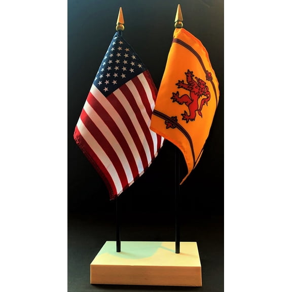Scotland Lion Table Flag Set; One USA and International Rayon 4x6 inch Flag Plus a White Base