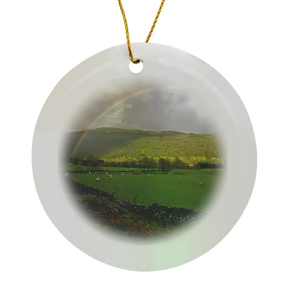 3drose, Scotland, Scottish Highlands, Rainbow, Sheep - Eu36 Dsl0002 - David Slater, Circle Porcelain Ornament