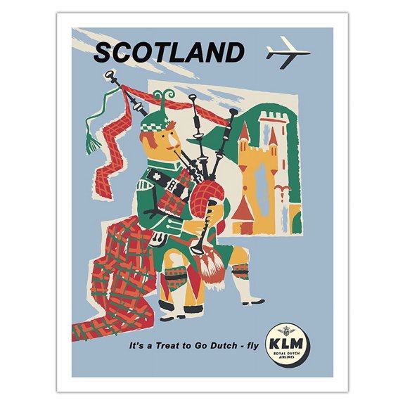 Scotland - Scottish Piper - KLM Royal Dutch Airlines - Vintage Airline Travel Poster c.1959 - Fine Art Matte Paper Print (Unframed) 20x26in