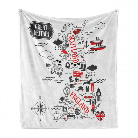 Scotland Soft Flannel Fleece Blanket, Britain England Typography with Map and Other Cartoon Items Print, Cozy Plush for Indoor and Outdoor Use, 50" x 60", Charcoal Grey and Vermilion, by Ambesonne