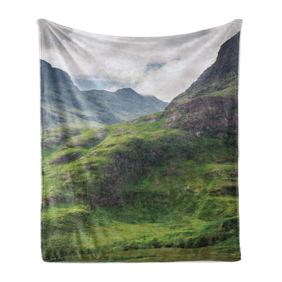 Scotland Soft Flannel Fleece Blanket, Highland in Summer Season Greenery Field Mountainous Area Majestic Outdoor Scene, Cozy Plush for Indoor and Outdoor Use, 50" x 60", Multicolor, by Ambesonne