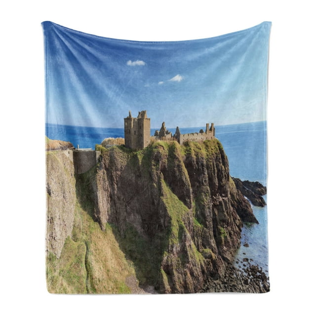 Scotland Soft Flannel Fleece Throw Blanket, Dunnottar Castle with Blue Sky in Stonehaven Architecture European, Cozy Plush for Indoor and Outdoor Use, 50" x 70", Multicolor, by Ambesonne