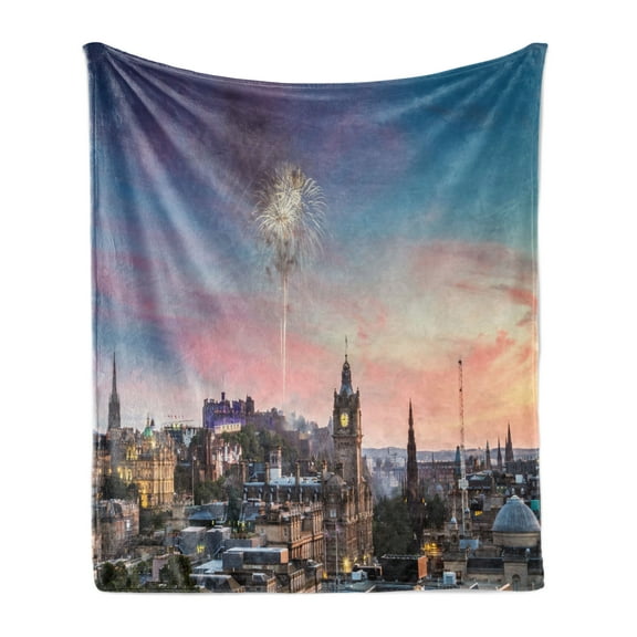 Scotland Soft Flannel Fleece Throw Blanket, Firework Display over Edinburgh Smoky Sky Clocktower City Filled with History, Cozy Plush for Indoor and Outdoor Use, 50" x 70", Multicolor, by Ambesonne