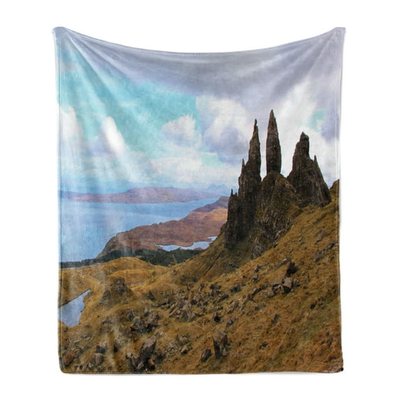 Scotland Soft Flannel Fleece Throw Blanket, Old Man of Storr Trotternish Peninsula Isle of Skye Geology Drought and Rocky, Cozy Plush for Indoor and Outdoor Use, 50" x 60", Multicolor, by Ambesonne