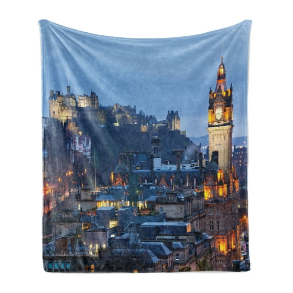 Scotland Soft Flannel Fleece Throw Blanket, Overview of the City and Monuments Urban Edinburgh Castle and Houses Historical, Cozy Plush for Indoor and Outdoor Use, 50" x 60", Multicolor, by Ambesonne