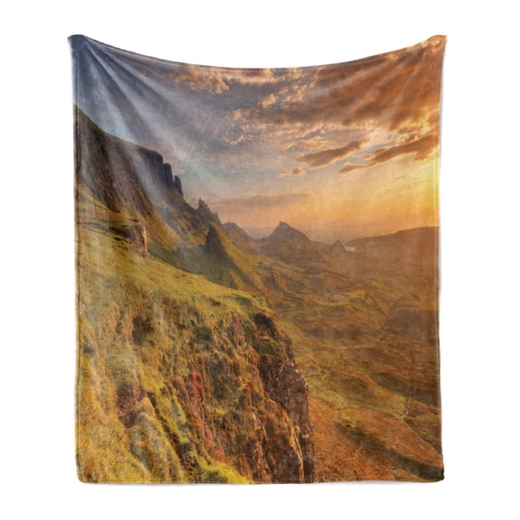 Scotland Soft Flannel Fleece Throw Blanket, Quiraing on the Isle of Skye Cliffs Famous Place High Angle Overlook Mountains, Cozy Plush for Indoor and Outdoor Use, 50" x 60", Multicolor, by Ambesonne