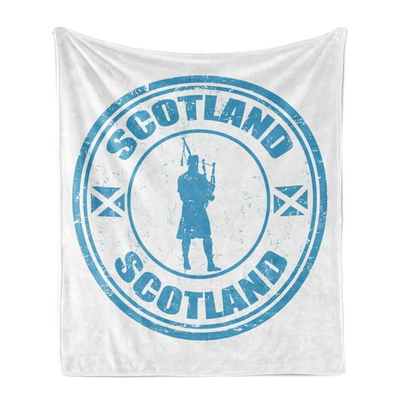 Scotland Soft Flannel Fleece Throw Blanket, Typography and Grunge Stamp with Man Silhouette Playing the Bagpipes, Cozy Plush for Indoor and Outdoor Use, 60" x 80", Sea Blue White, by Ambesonne