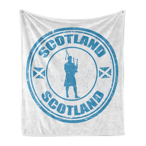 Scotland Soft Flannel Fleece Throw Blanket, Typography and Grunge Stamp with Man Silhouette Playing the Bagpipes, Cozy Plush for Indoor and Outdoor Use, 70" x 90", Sea Blue White, by Ambesonne