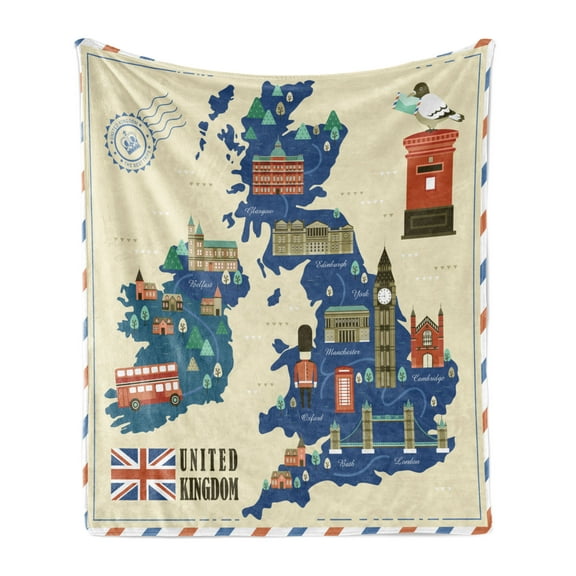 Scotland Soft Flannel Fleece Throw Blanket, United Kingdom Travel Map with Attractions Doodle Postcard Stamp Theme, Cozy Plush for Indoor and Outdoor Use, 50" x 70", Multicolor, by Ambesonne