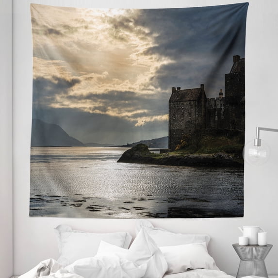 Scotland Tapestry, Cloudy Sunset at Eilean Donan Castle Autumn Scenery Historic Fortress Shore, Fabric Wall Hanging Decor for Bedroom Living Room Dorm, 5 Sizes, Blue Grey and Tan, by Ambesonne
