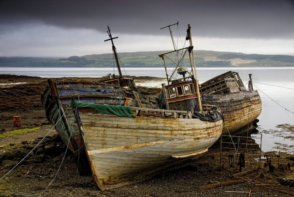 Scotland Three Boats On Shore Canvas Art - John Short Design Pics (19 x 12)