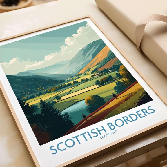 Scotland Valley Hikers Travel Poster Scottish Borders Landscape Print Wall Art Rural Scotl