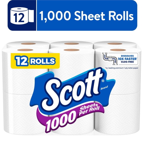 Scott 1000 1-Ply Toilet Paper, 12 Rolls, 1,000 Sheets per Roll