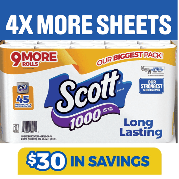 Scott 1000 1-Ply Toilet Paper 45 rolls, 1,000 (4x more sheets )
