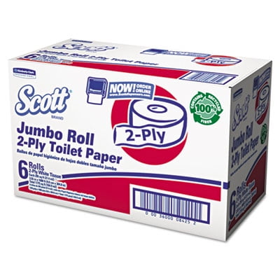 Scott 1000 Jumbo Roll JR. Toilet Paper (08425), 100% Recycled Fiber, 2-PLY, White, 12 Rolls, 1000' per Roll