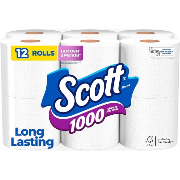 Scott 1000 Sheets Per Roll, 12 Toilet Paper Rolls, Bath Tissue