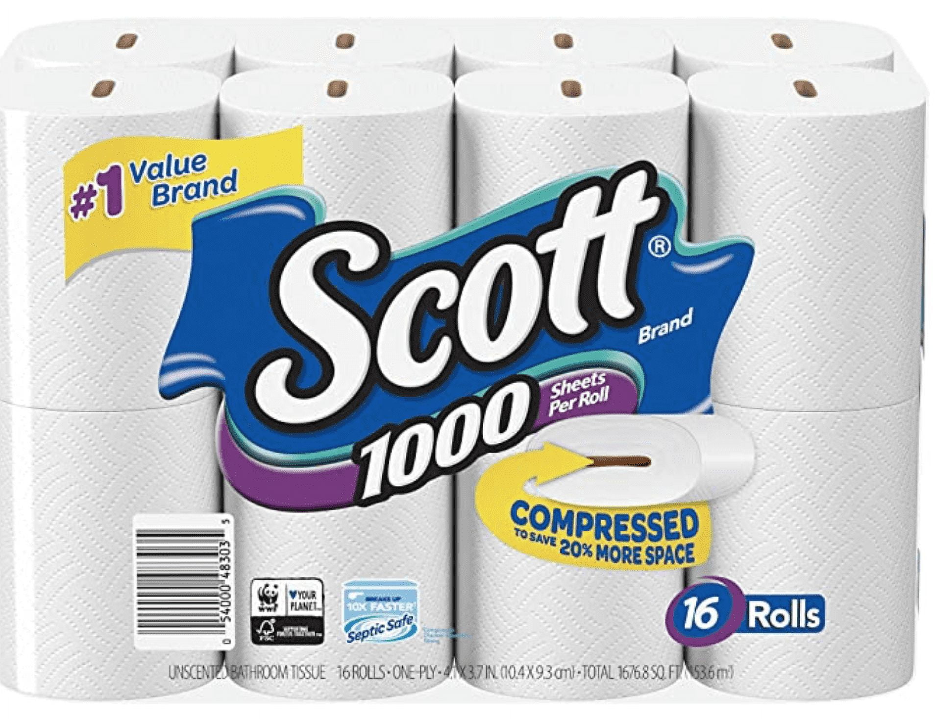 Scott 1000 Sheets Per Roll Toilet Paper, Bath Tissue, 16 Rolls (Pack of 1)