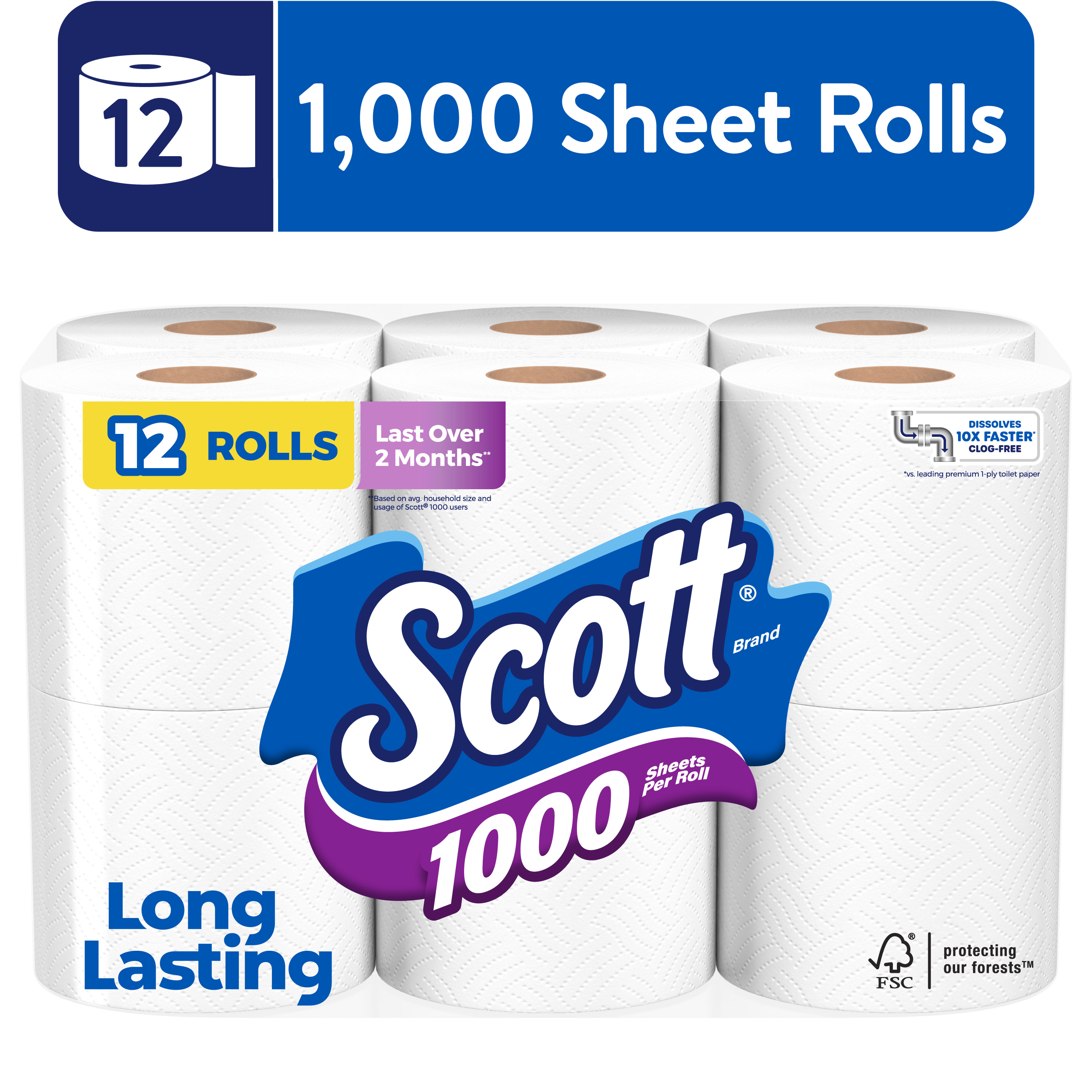 Scott 1000 Toilet Paper, 12 Rolls, 1,000 Sheets per Roll - image 1 of 11