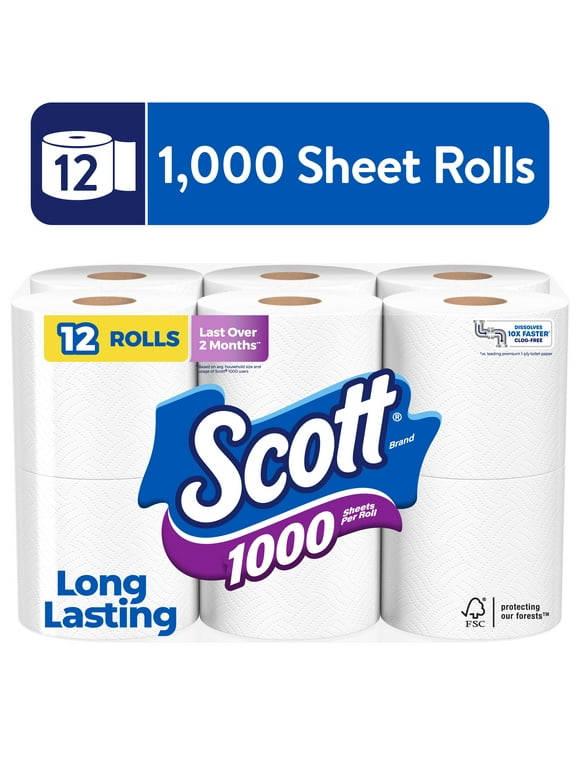 Scott 1000 Toilet Paper, 12 Rolls, 1,000 Sheets per Roll