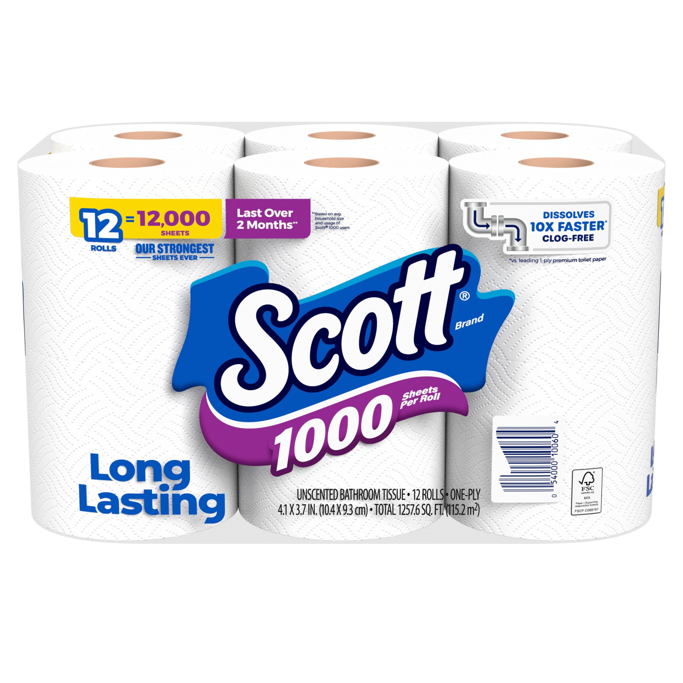 Scott 1000 1-Ply Toilet Paper, 12 Rolls, 1,000 Sheets per Roll