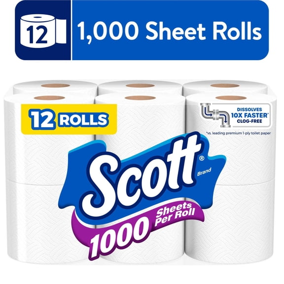 Scott 1000 1-Ply Toilet Paper, 12 Rolls, 1,000 Sheets per Roll
