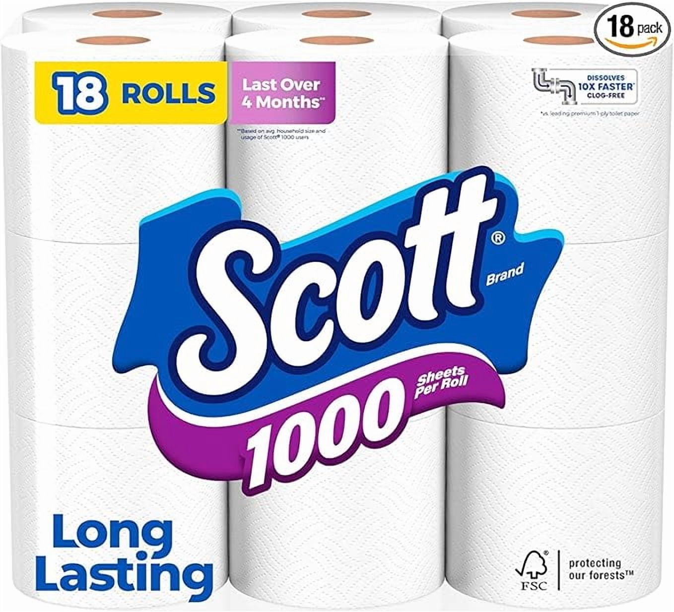 Scott 1000 Toilet Paper, 18 Rolls, Septic-Safe, 1-Ply Toilet Tissue