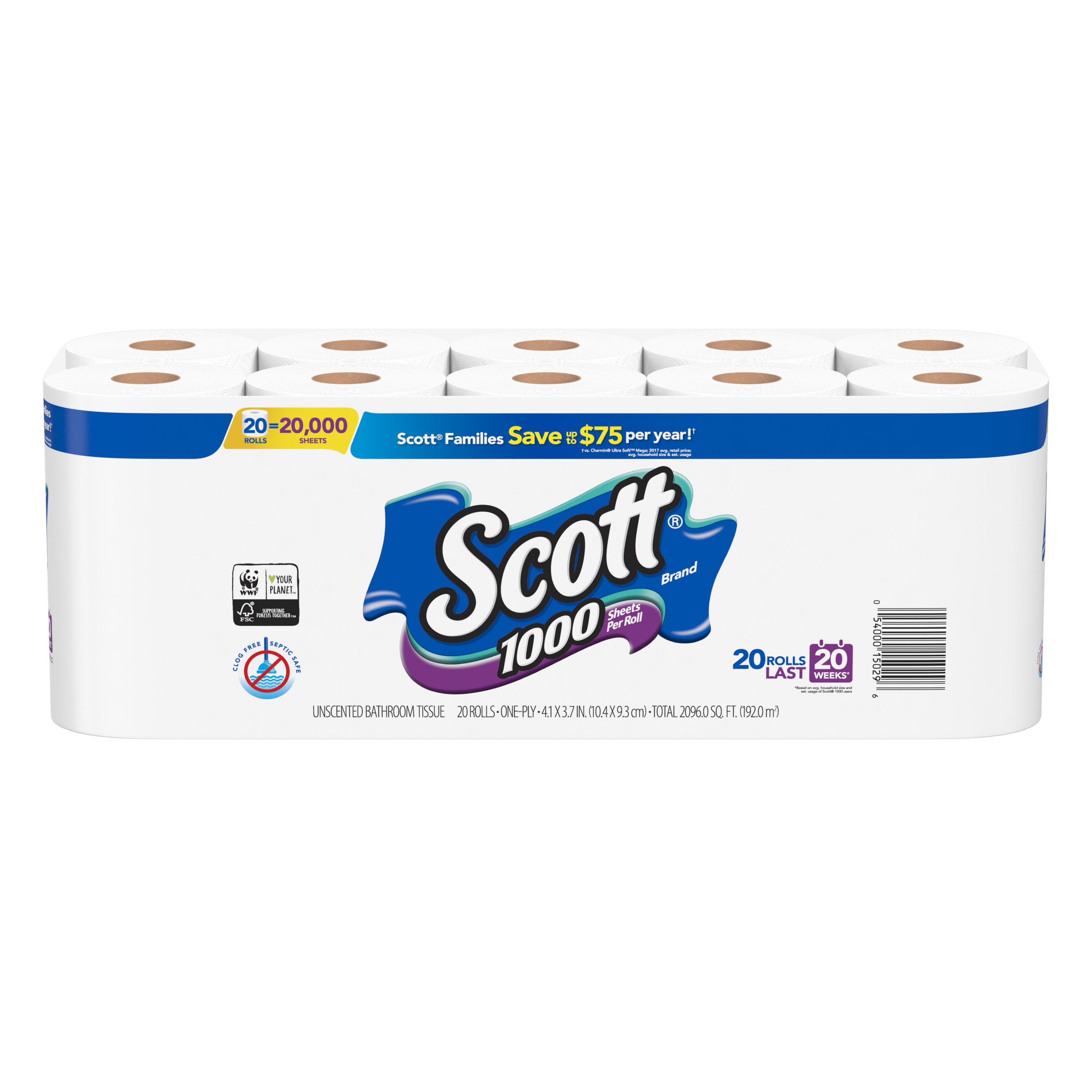 Scott 1000 Toilet Paper, 20 Rolls, 1,000 Sheets Per Roll (20,000 Total) - image 1 of 8
