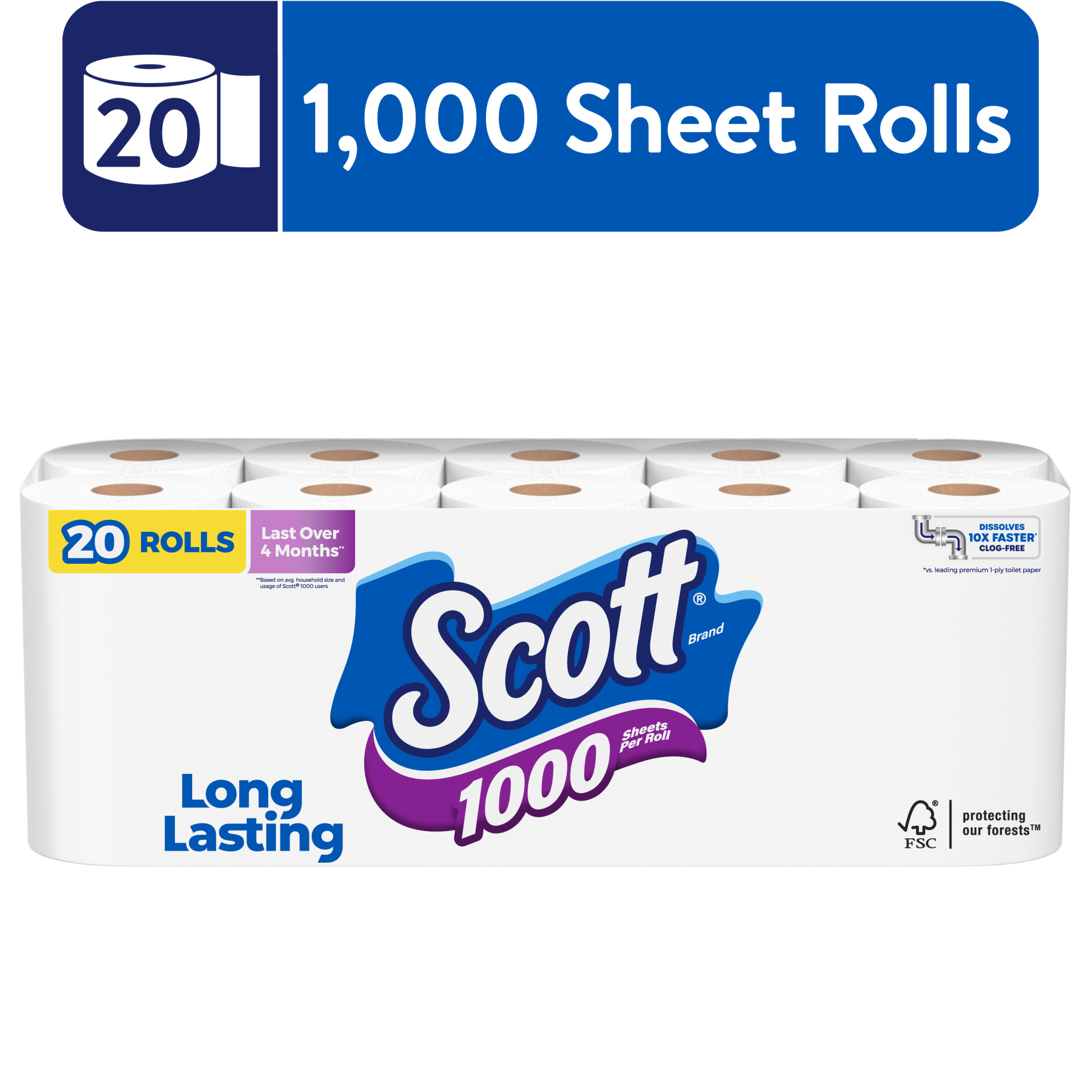 Scott 1000 Toilet Paper, 20 Rolls, 1,000 Sheets Per Roll - image 1 of 10