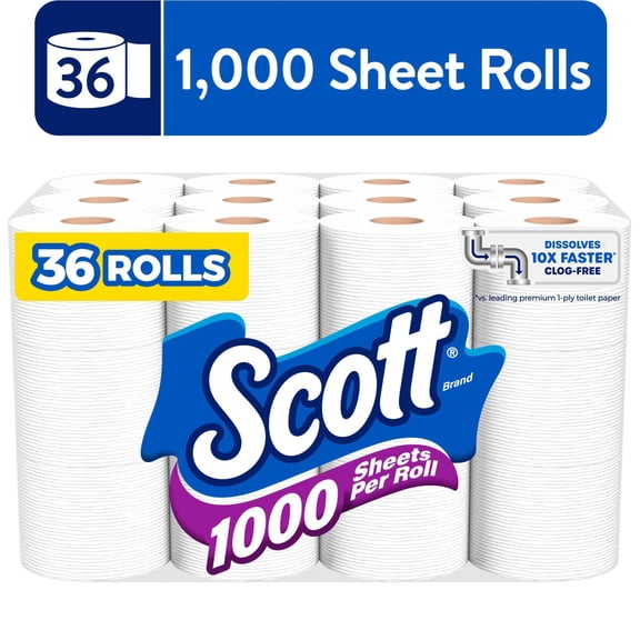 Scott 1000 1-Ply Toilet Paper, 36 Rolls, 1,000 Sheets per Roll