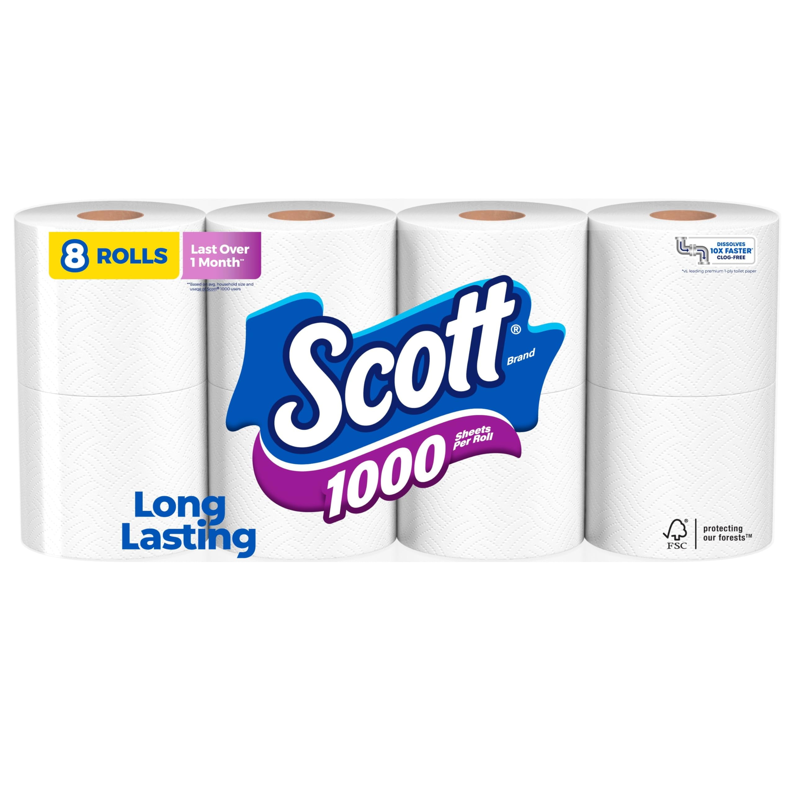 Scott 1000 Toilet Paper, OIF8 8 Rolls, SepticSafe, 1Ply Toilet Tissue