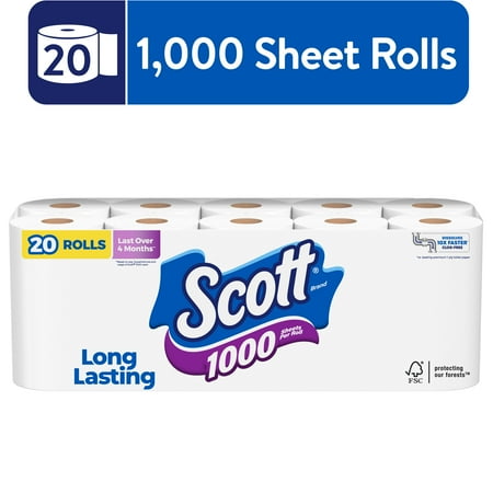 Scott 1000 Toilet Paper, Septic-Safe, Long Lasting, 20 Rolls, 1,000 Sheets per Roll
