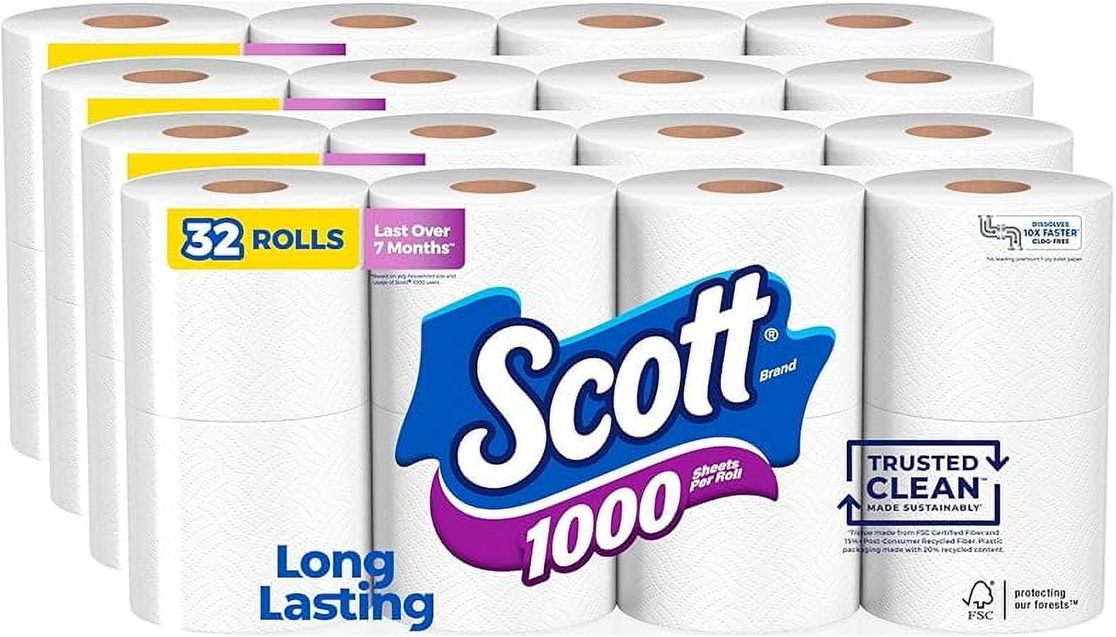 Scott 1000 Trusted Clean Toilet Paper, 32 Rolls, Septic-Safe, 1-Ply ...