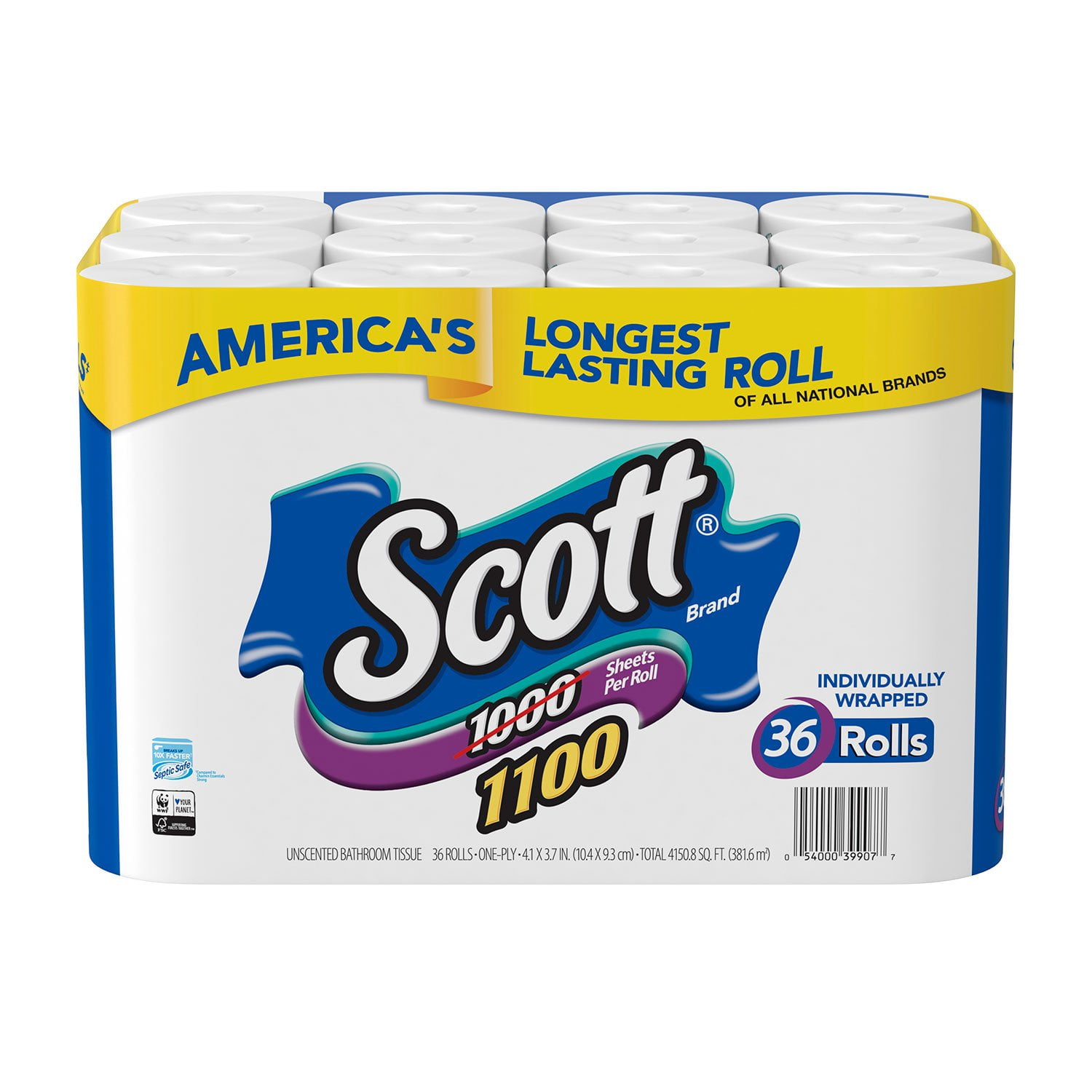 Scott 1100 Unscented 1-Ply Bath Tissue, 36 Rolls