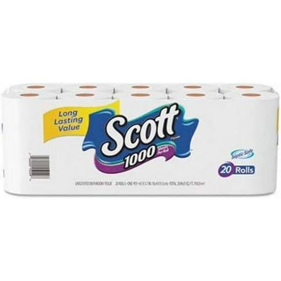 Scott 20032 1000 Bathroom Tissue, 1-Ply, White, 1000 Sheet/Roll, 20/Pack