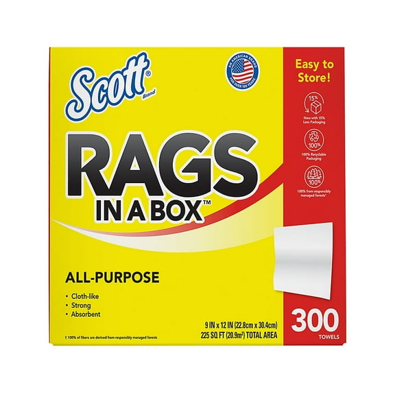 Scott All Purpose Rags in a Box, 7X Stronger and Durable Paper Towel Sheet Roll, White, (300 Towel)
