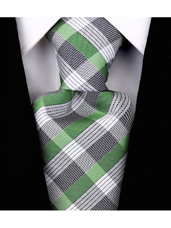 Scott Allan Green Necktie | Jacquard Woven Microfiber Tie Regular Size: 3.3" at Tip | Green Gray Plaid Ties