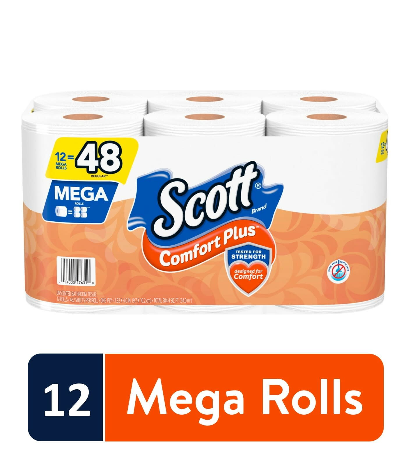 Scott ComfortPlus Toilet Paper, 12 Mega Rolls, 462 Sheets per Roll